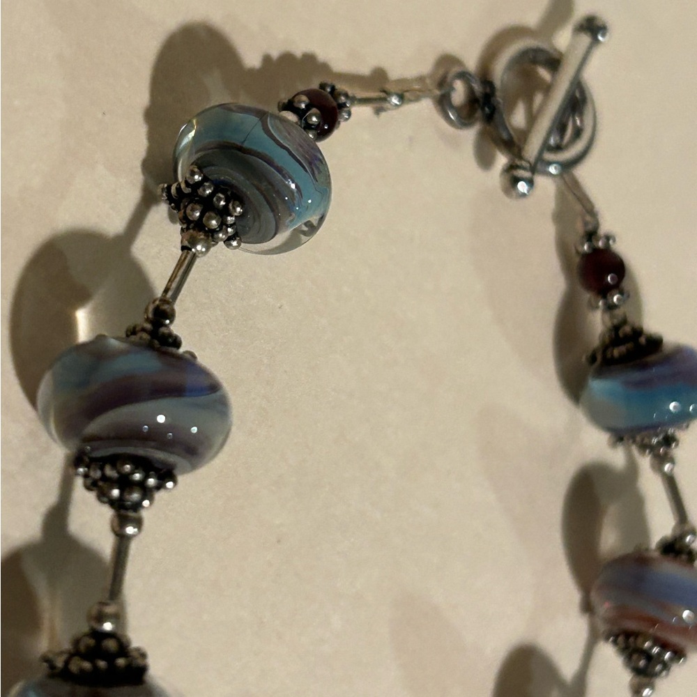 Blue and Silver Lampwork Glass Bracelet with Toggle Clasp - Picture 5 of 9